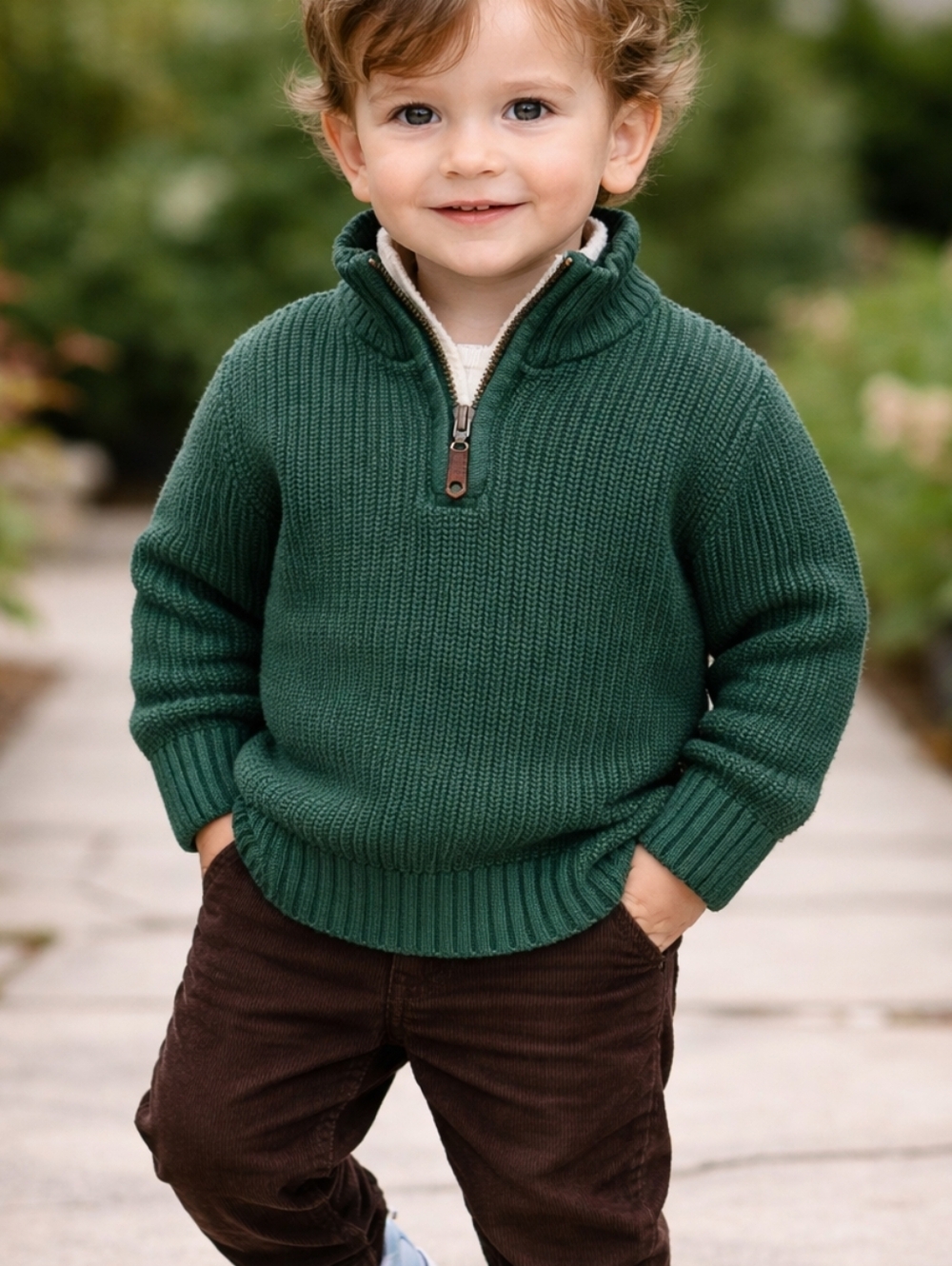 Toddler Forest Green Quarter-Zip Knit Sweater